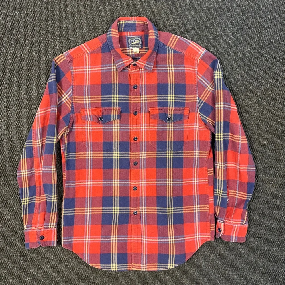 J. Crew Flannel Shirts Lot of 2 Mens S Red Blue Herringbone Plaid Long Sleeve